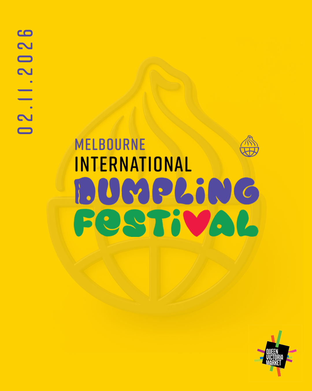 poster of Melbourne International Dumpling Festival, with date as 02.11.2026, its logo on a yellow background.